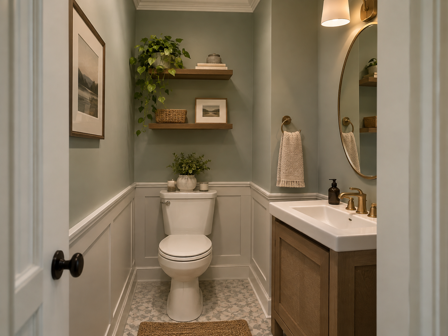 Tiny powder room with calm sage paint, warm wood, compact vanity and practical layered lighting