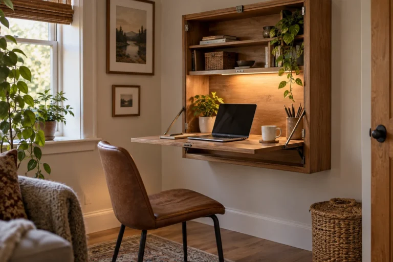 Compact fold-down wall desk workspace with shelving, chair, natural light, and warm task lighting