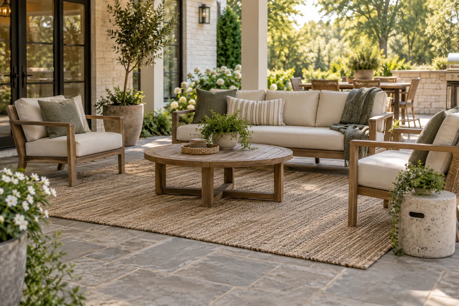 Serene covered garden patio with neutral seating, plants, and a round coffee table