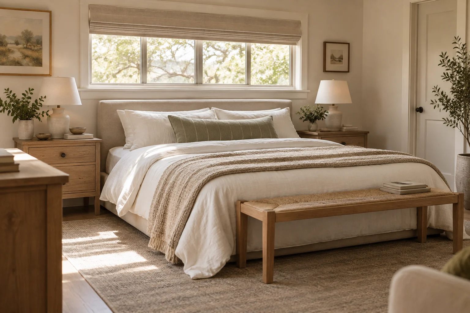 Sunlit neutral bedroom with upholstered bed, low window, wood bench, and layered bedding