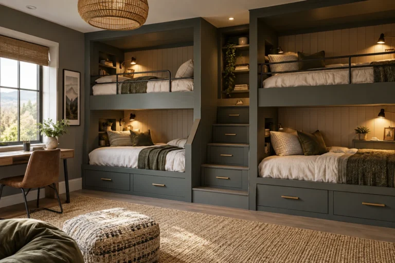 Sophisticated teen bedroom with mature built-in bunk beds and integrated storage