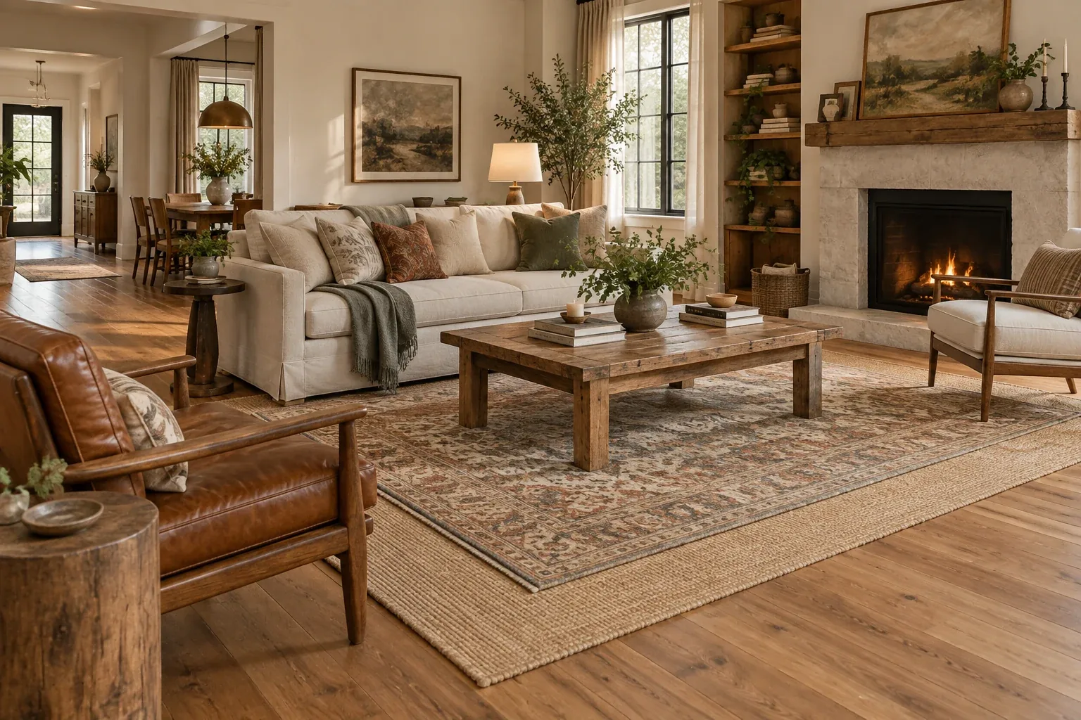 Living room with a patterned rug layered over a flatwoven neutral base rug