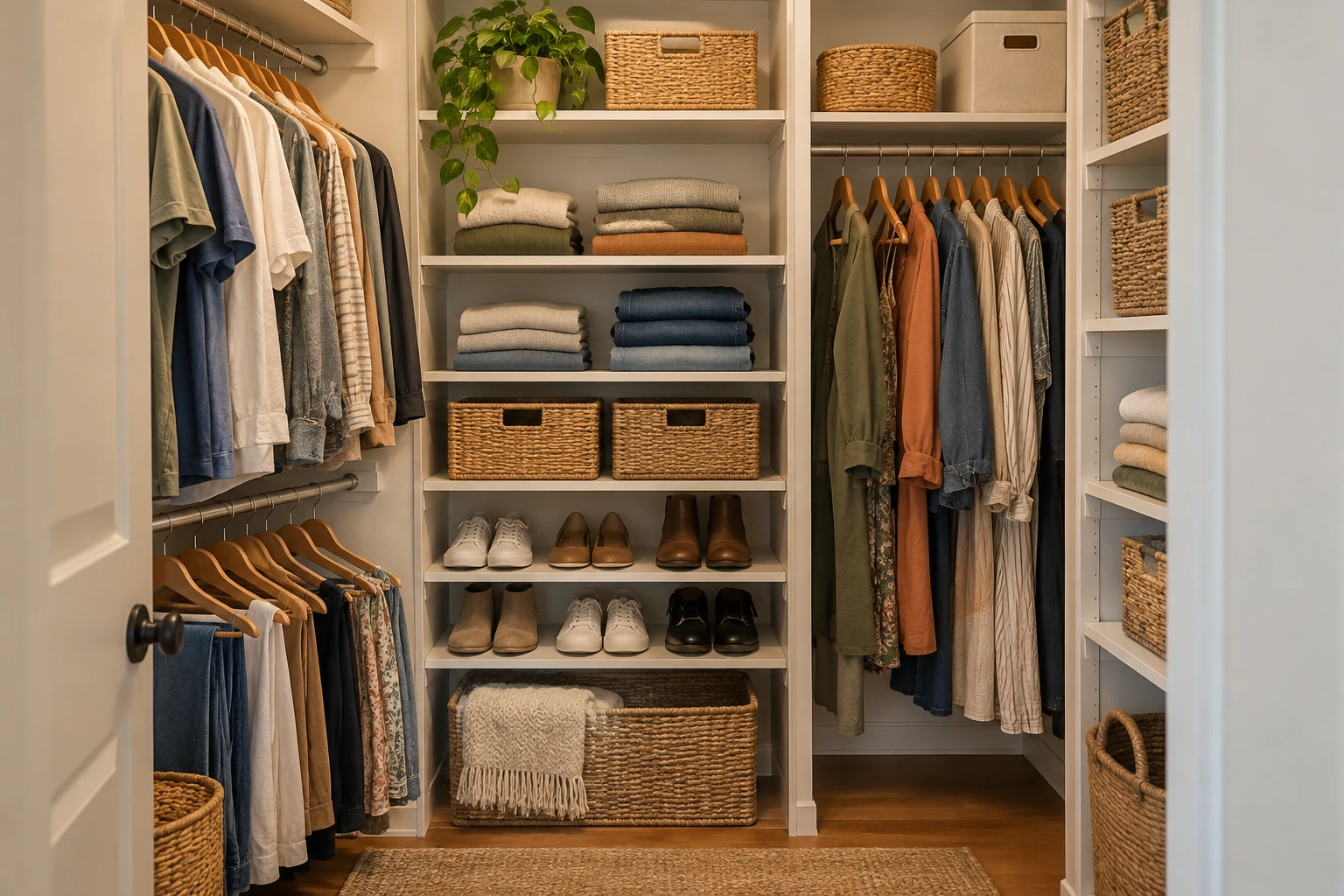 Organized budget-conscious closet system with shelving, rods, baskets and shoes