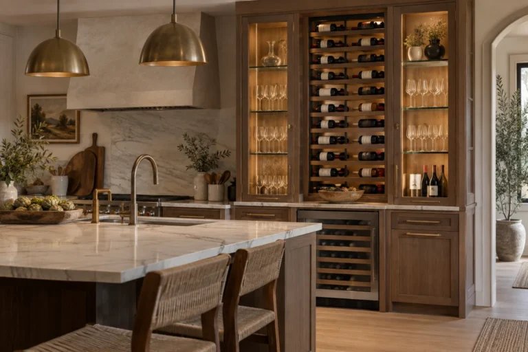 Warm kitchen with an integrated wine display, bottle storage and stemware