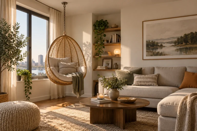Apartment living room with a safely suspended indoor swing chair near a window