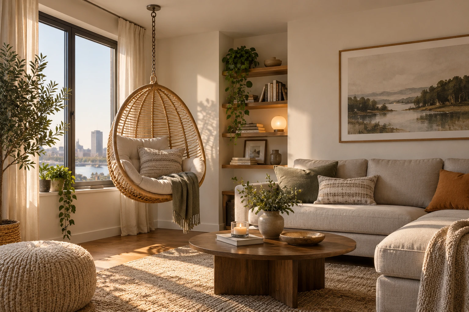 Apartment living room with a safely suspended indoor swing chair near a window