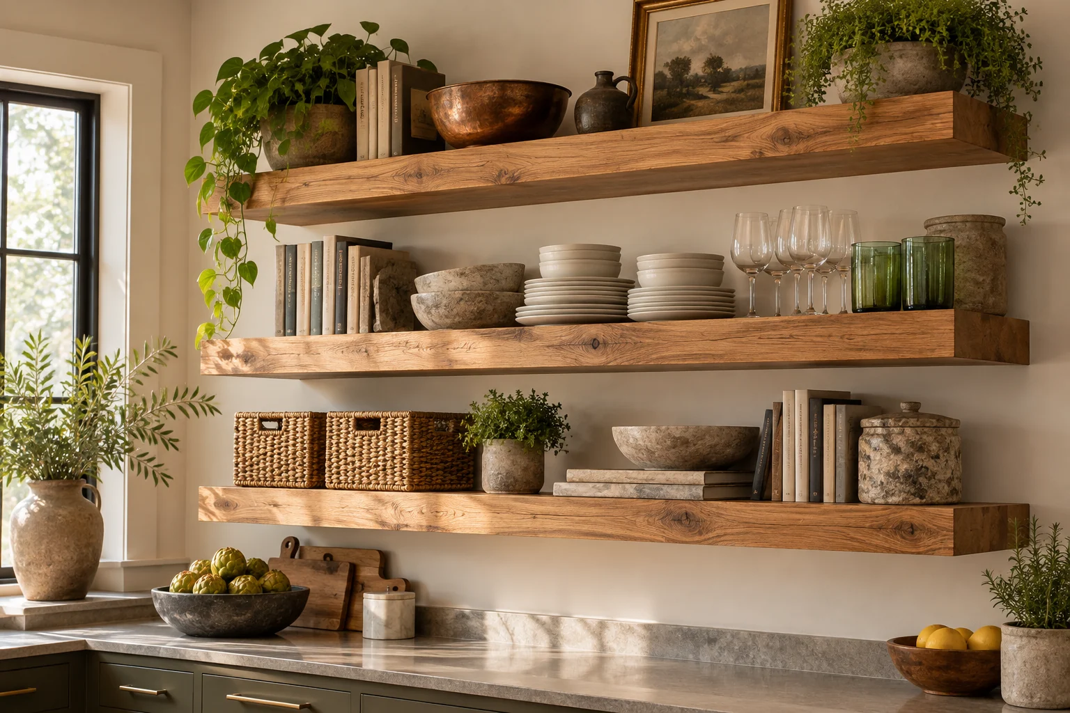 Thick floating wood shelves carrying books dishes and decor in a warm interior