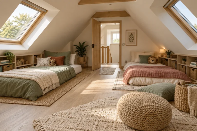 Finished attic sleepover room with low beds, clear exit route and open circulation under sloped ceilings