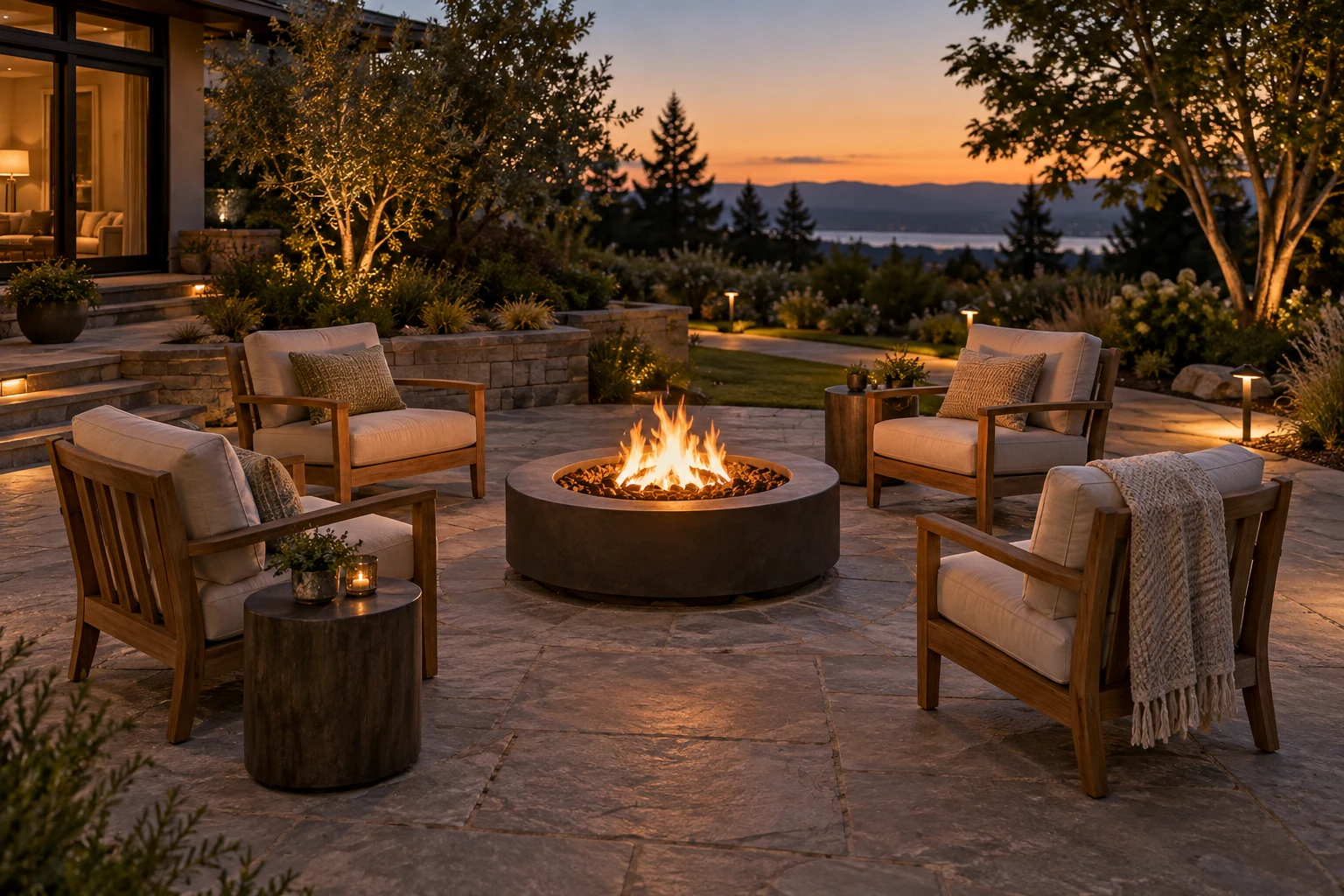 Backyard fire pit area with seating arranged outside the fire zone, clear circulation and low perimeter lighting