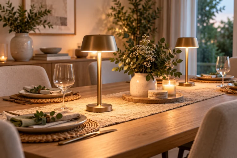 Two compact cordless table lamps casting warm low-glare light across an intimate dinner table.