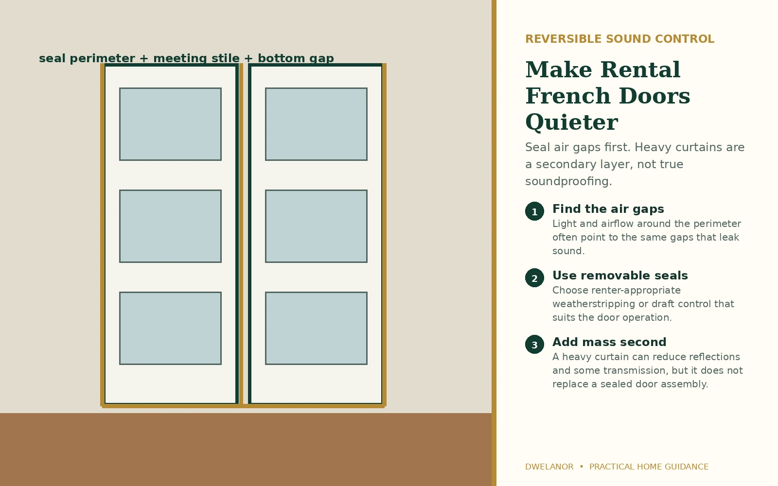 Visual guide to sealing door gaps, using reversible treatments and adding curtains as a secondary acoustic layer.