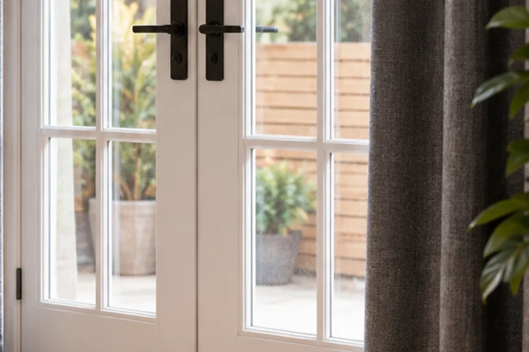 White French doors framed by dense curtains in a warm rental living room.
