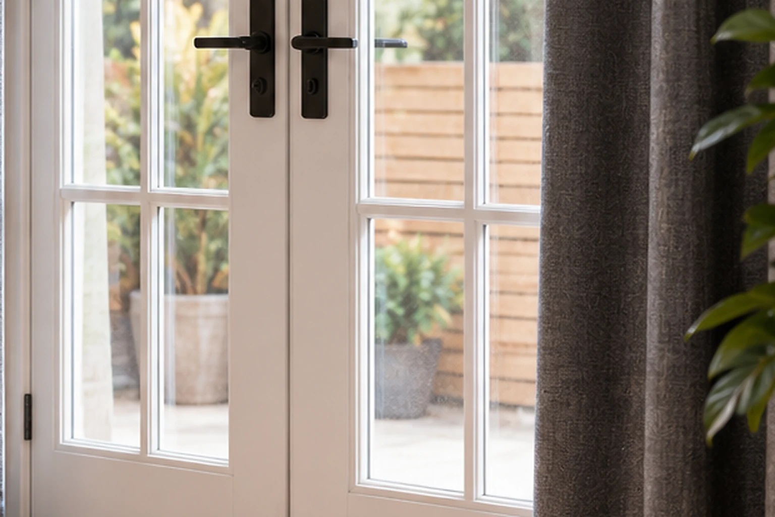 French doors in a rental being assessed for gaps and reversible sound-control improvements