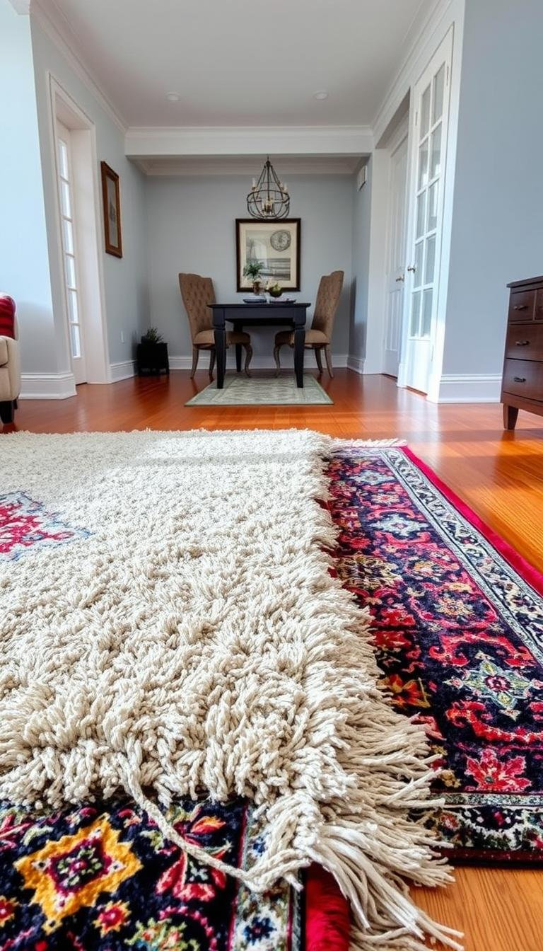 Layered area rugs arranged to add scale and texture in a living room