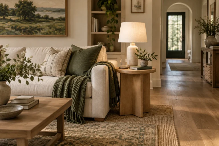 Side table beside a sofa at a comfortable reachable height with clear circulation and a stable lamp