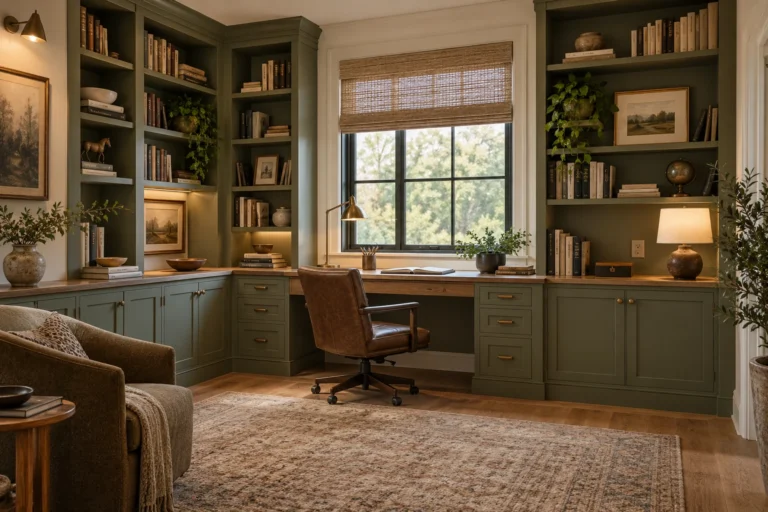 Warm study with built-in shelving combining open bookshelves, closed lower storage and a clear work zone