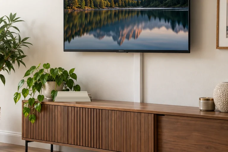 Wall-mounted television with a straight paintable surface raceway running down to a media console.
