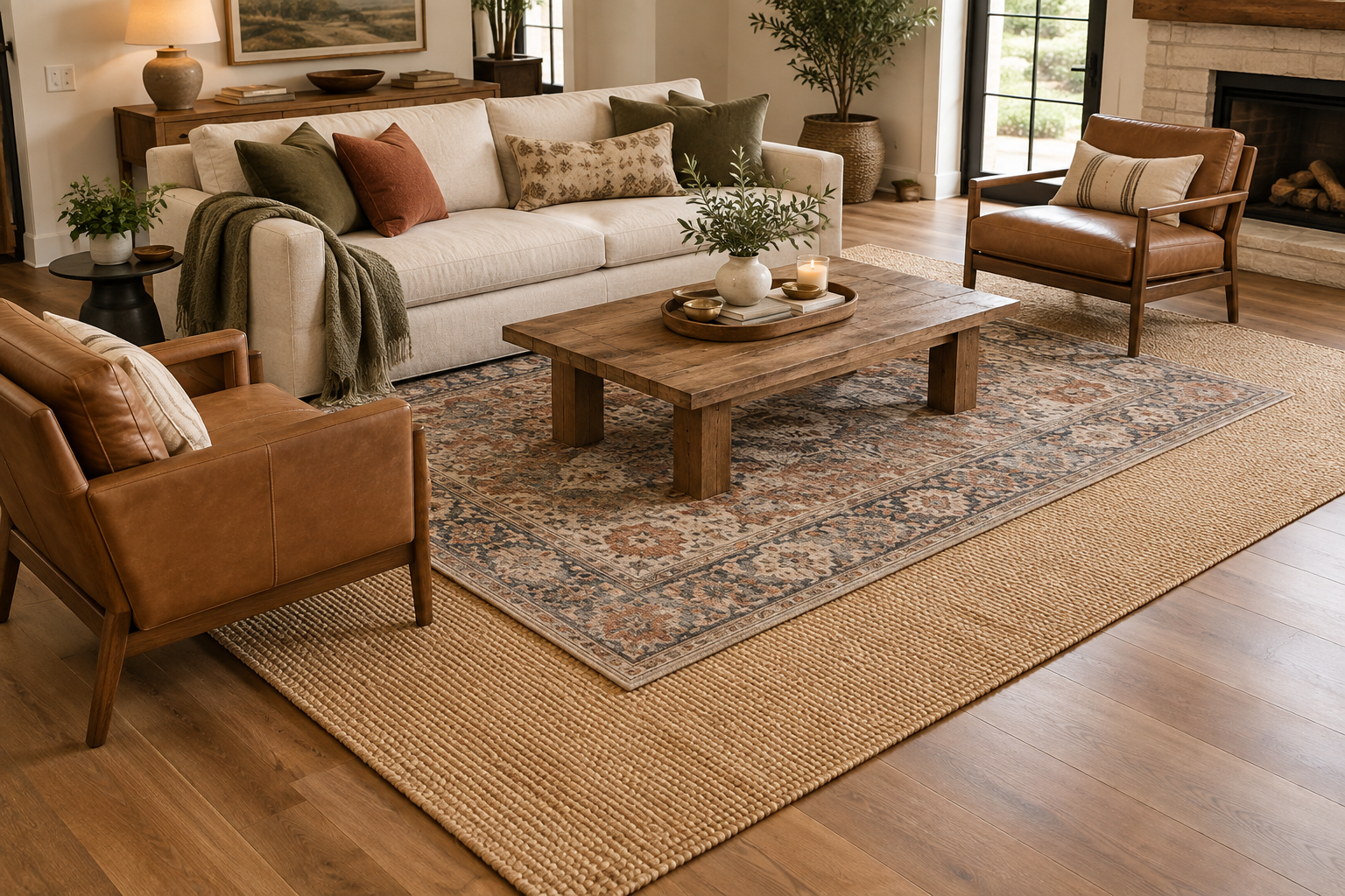 Living room with a patterned rug layered over a larger neutral base rug