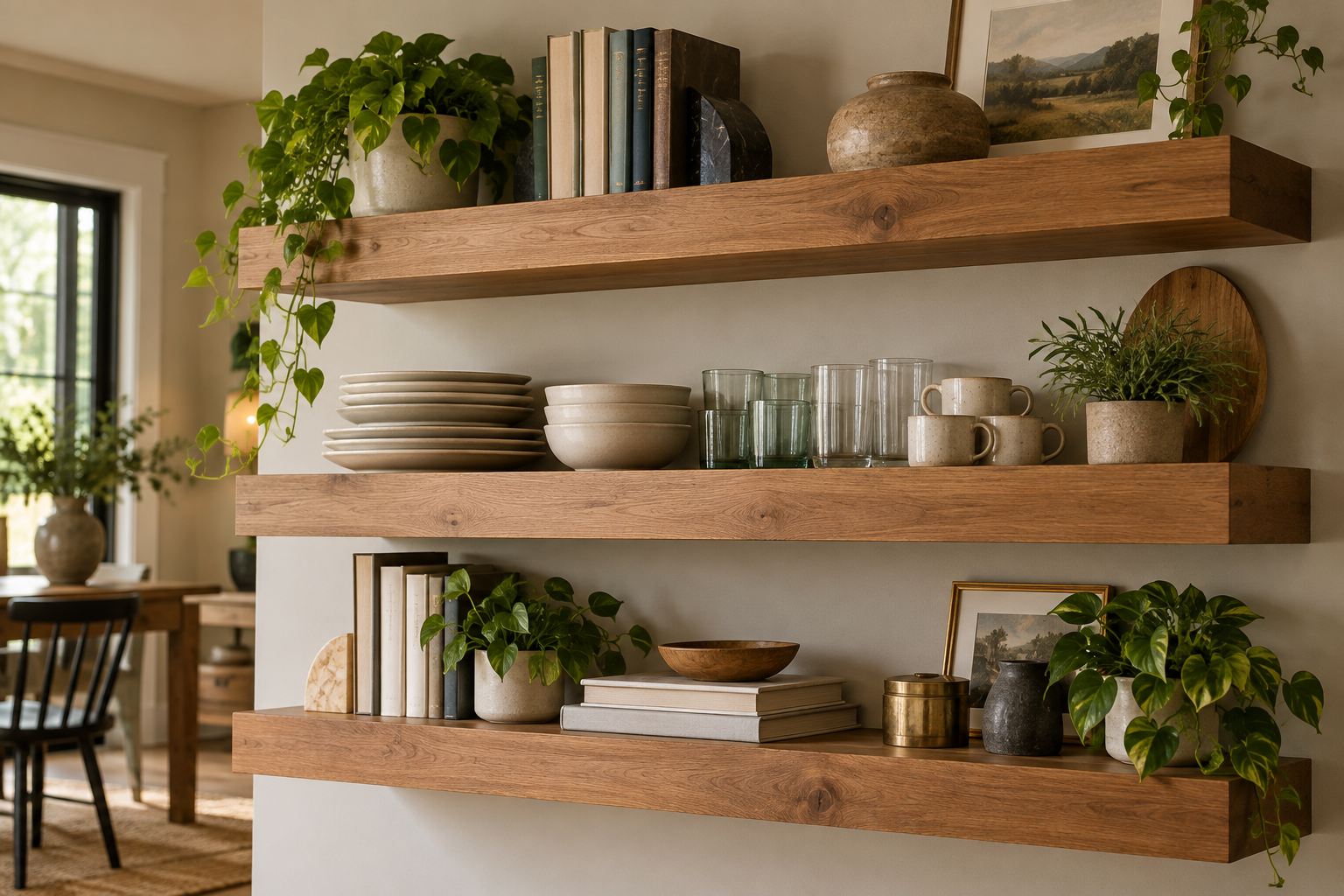 Thick floating shelves carrying books, dishes and decor in a warm interior