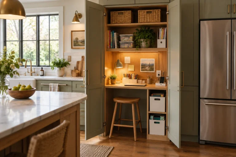 Homework station built into an open kitchen cabinet with desk and storage