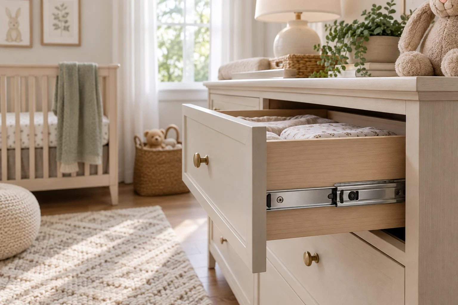 Nursery dresser drawer open to show quiet soft-close drawer slides
