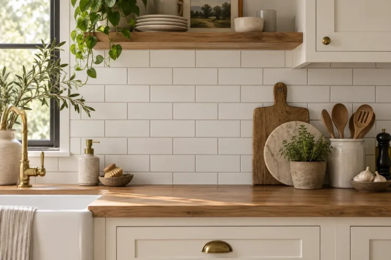 White subway tile backsplash with warm light-gray grout in a bright kitchen