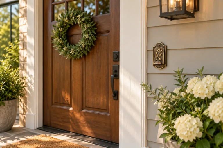 Decorative doorbell cover beside a warm wood front door
