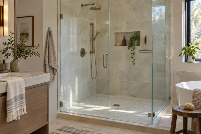 Frameless glass shower with a squeegee in a warm neutral bathroom