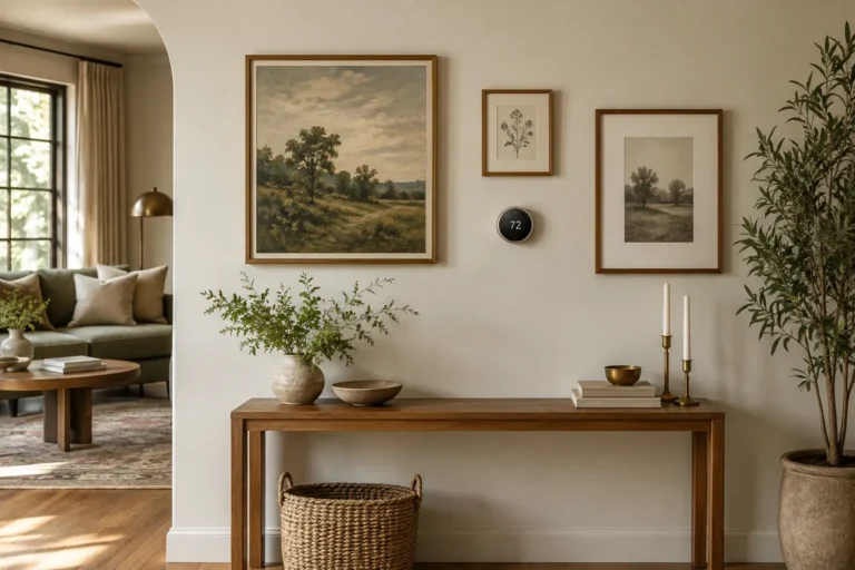Thermostat integrated into an open gallery wall above a narrow console