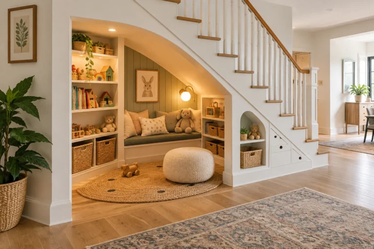 Safe organized play nook built beneath a staircase with storage and seating