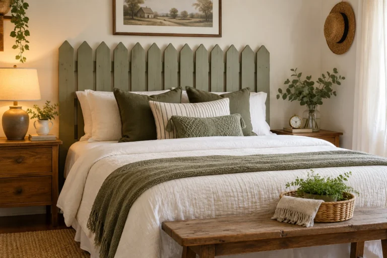 Refined bedroom with a smooth painted fence-picket style headboard