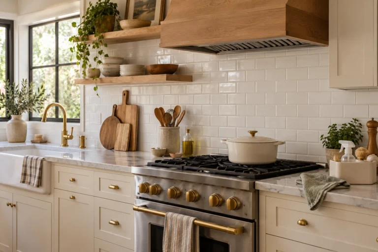 Warm kitchen with clean white grout on a white tile backsplash