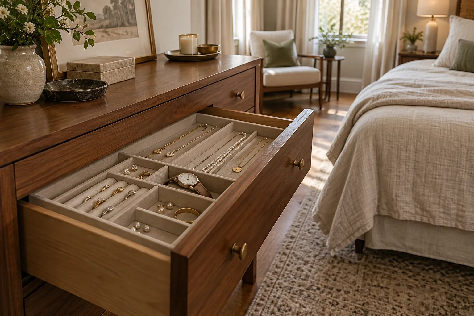 Open dresser drawer with a fitted jewelry organizer in a warm bedroom