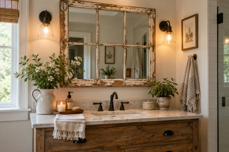 Bathroom vanity with an old window frame safely repurposed as a mirror