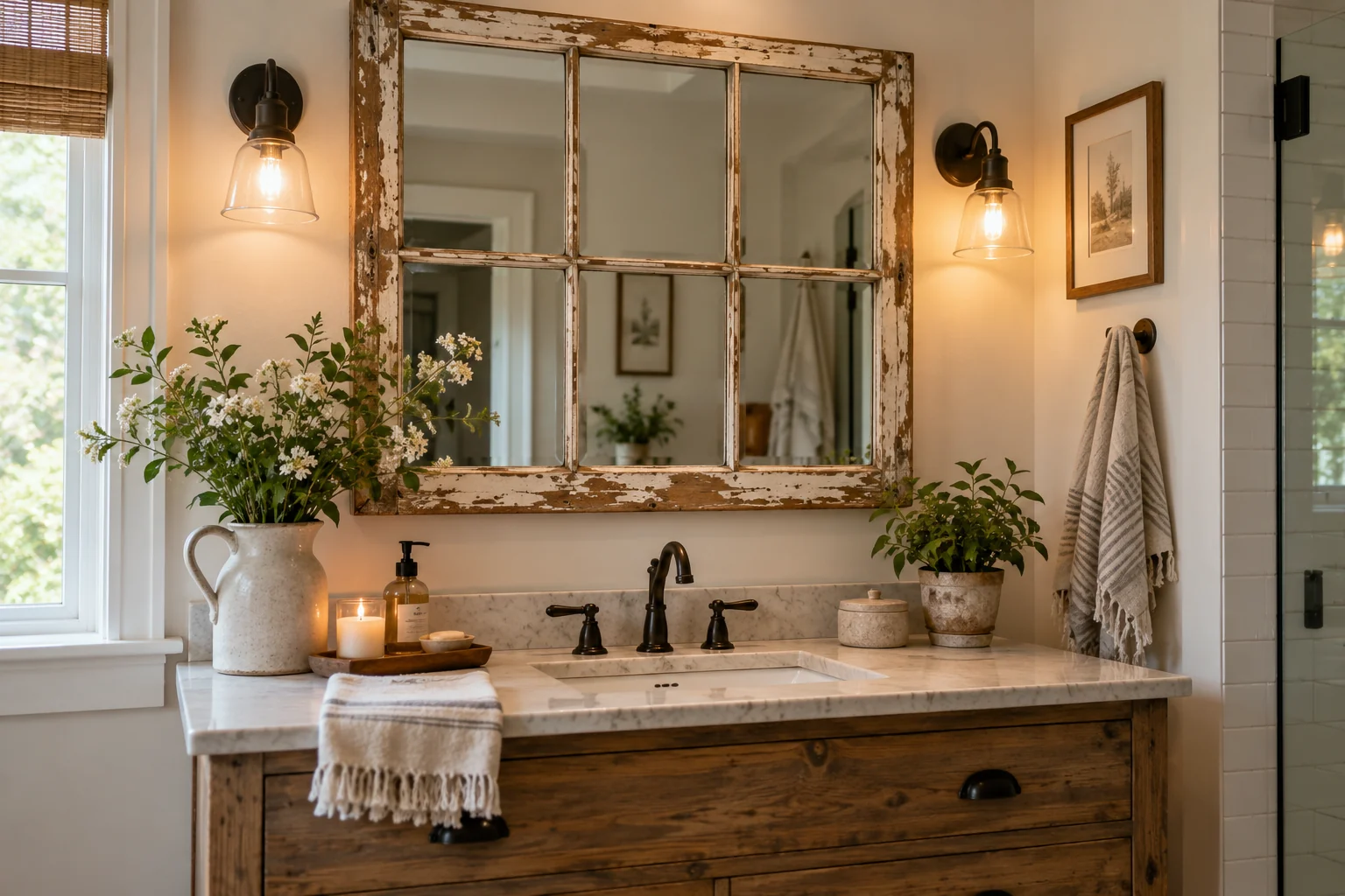 Bathroom vanity with an old window frame safely repurposed as a mirror