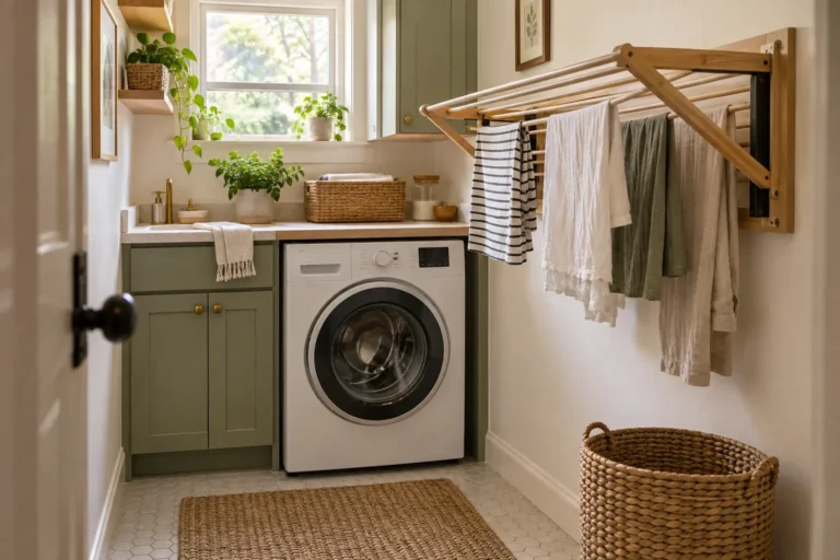 Small laundry room with a fold-down wall-mounted drying rack above a washer
