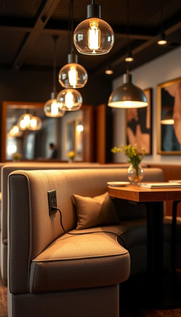 Electrical outlets and lighting for banquette seating Electrical outlets and lighting for banquette seating