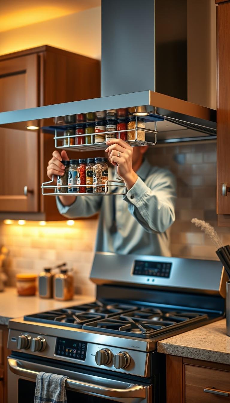 How can I add a pull-down spice rack above the stove?