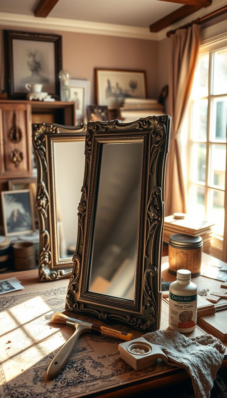 How can I turn a plain builder-grade mirror into a framed antique look?