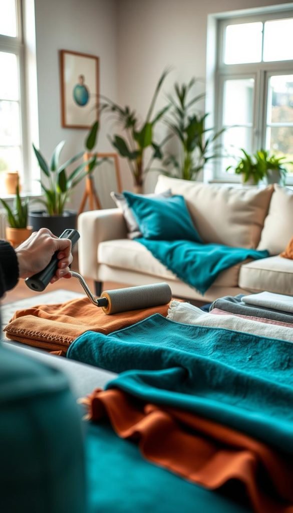 Testing sofa fabrics with lint roller Testing sofa fabrics with lint roller