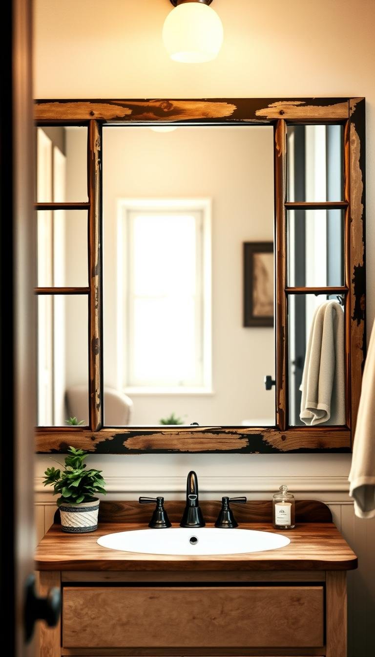 Bathroom vanity with mirror positioned in relation to the sink and surrounding wall