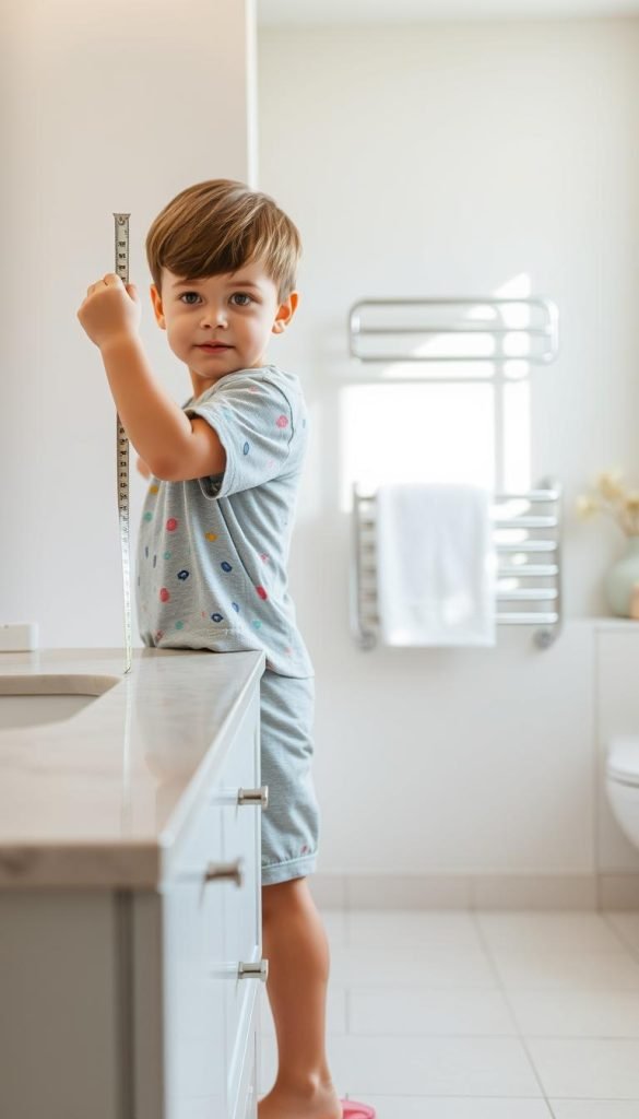 child measuring towel bar height