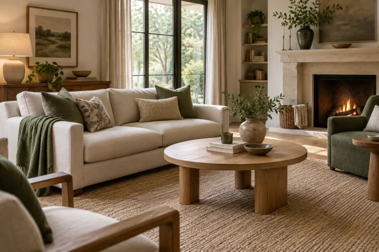 Living room with a coffee table positioned near the sofa seat height for comfortable reach and circulation