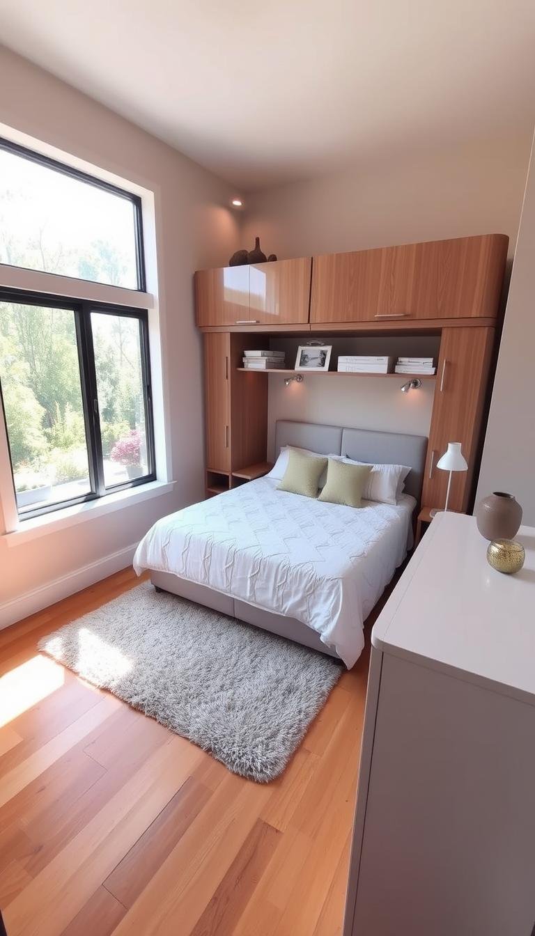 Warm layered bedroom with calm neutral styling
