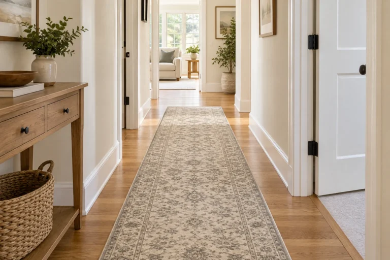 Hallway runner centered with balanced visible floor, clear door swings and a stable low-profile surface
