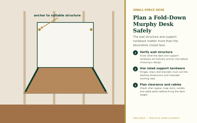 Visual guide to wall structure, support hardware, opening clearance and cable planning for a fold-down desk.