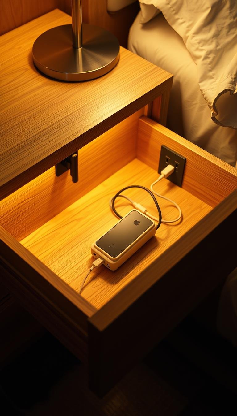 Nightstand drawer opened beside a bed to show active-use clearance