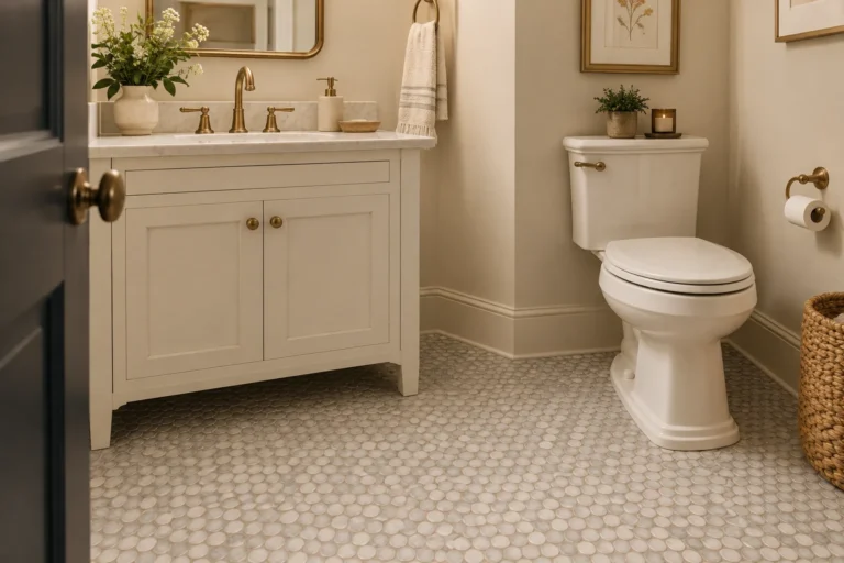 Small bathroom floor with floor-rated peel-and-stick flooring using a subtle penny-round-look pattern