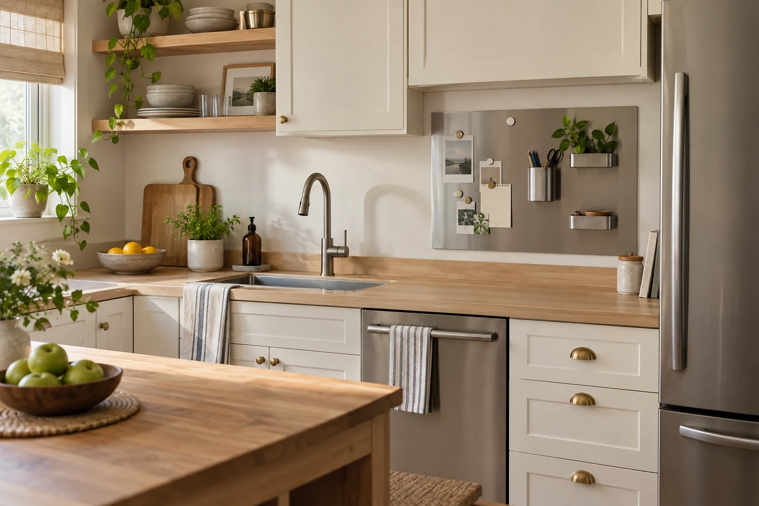 Small ferromagnetic kitchen panel used as a renter-friendly magnetic organization zone away from appliance clearances