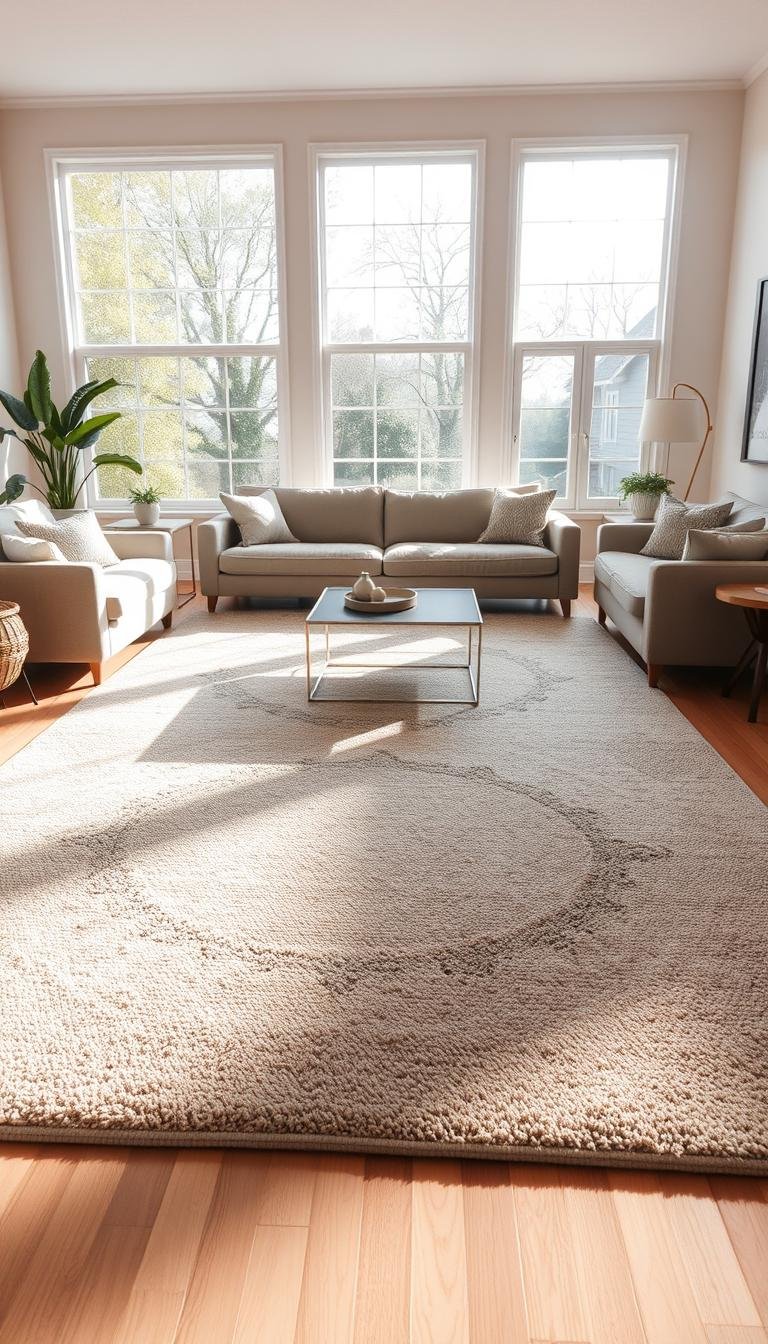 Area rug positioned for a high-traffic living room route